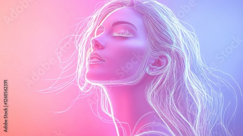 Wallpaper Mural A graceful woman poses with her eyes closed, surrounded by a blend of pink and blue light. Her hair flows effortlessly, creating an ethereal atmosphere filled with beauty and serenity Torontodigital.ca