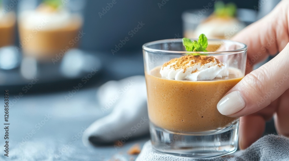 A creamy dessert shot topped with whipped cream and mint, elegantly served in a glass, perfect for any occasion. A creamy dessert shot topped with whipped cream and mint, elegantly served in a glass, perfect for any occasion.