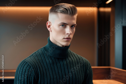 young Danish man with a crew cut wearing a stylish turtleneck with an altar behind his study
