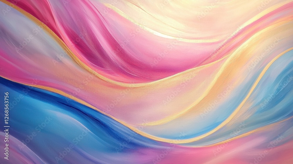 An abstract artwork showcases smooth, flowing waves in shades of pink, blue, and hints of gold An abstract artwork showcases smooth, flowing waves in shades of pink, blue, and hints of gold