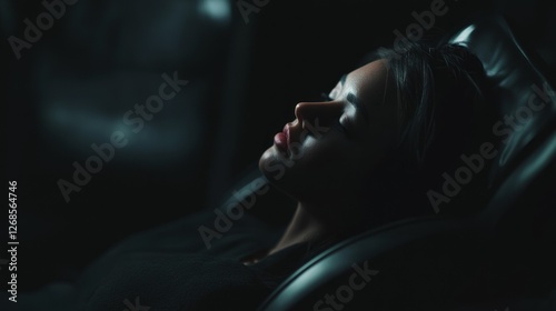 Softly lit by ambient hues, a young woman reclines peacefully as skilled hands work on her shoulders and neck, enveloped in a serene, dark spa atmosphere that invites total relaxation photo