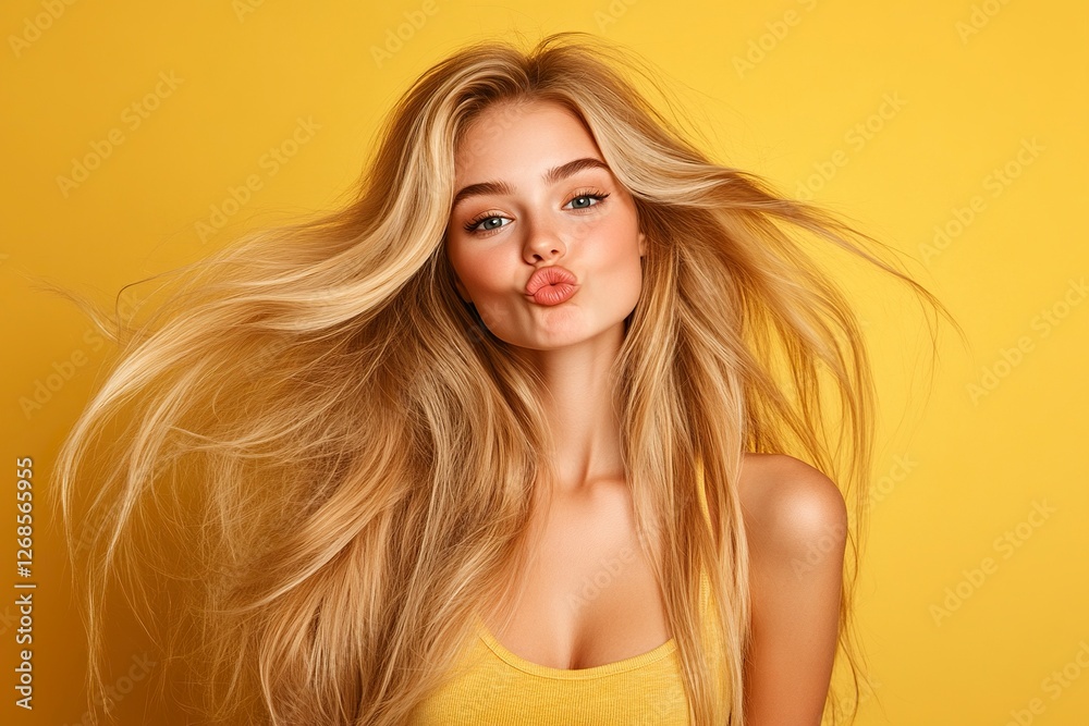 Beautiful girl with long blonde hair pouting, wearing casual isolated on a yellow background. Portrait of a funny, cute woman making a kissing face expression and looking away. Stock photo. Beautiful girl with long blonde hair pouting, wearing casual isolated on a yellow background. Portrait of a funny, cute woman making a kissing face expression and looking away. Stock photo.
