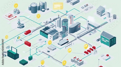 Visual representation of enterprise resource planning in large corporations focusing on data flow and departmental collaboration
