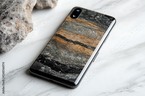 Smartphone with marble screenle background, close up view. photo