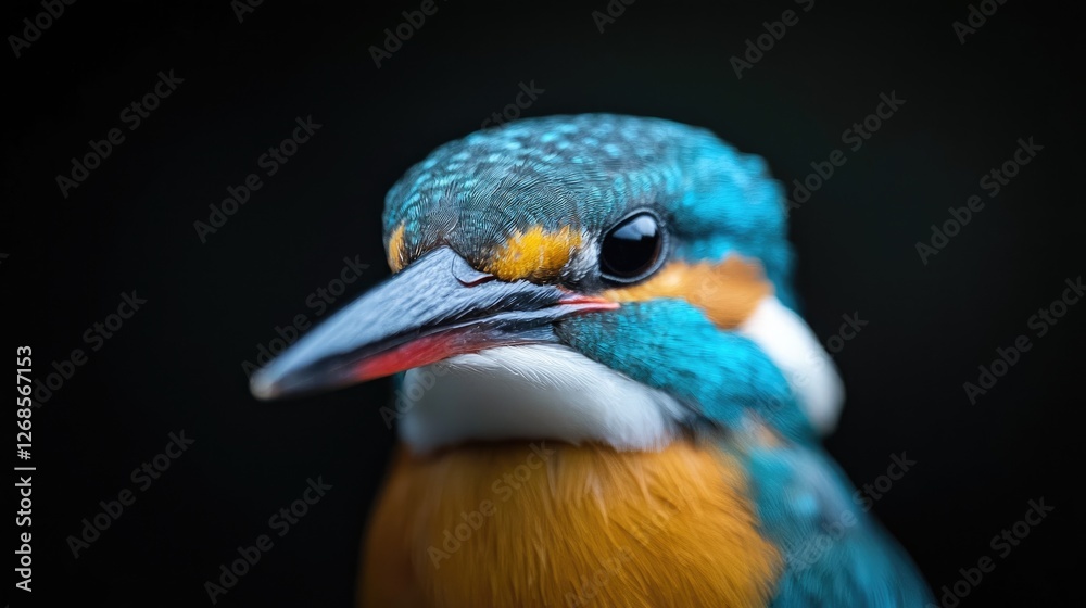 Fototapeta premium Extreme close-up portrait of a colorful common kingfisher bird against a dark background.
