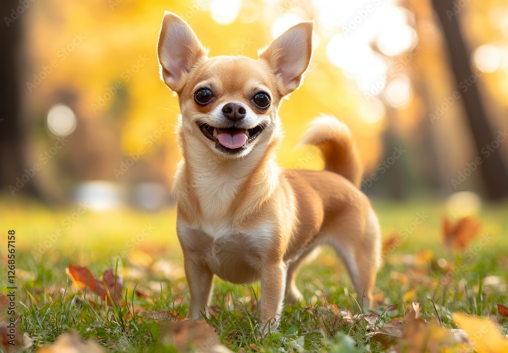 Happy Small Dog Smiling in Autumn Park with Yellow Leaves and Blurry Backgrounds,Adorable Portrait of a Dog in Fall Park,Pet Dog Portrait with Autumn Colors,Small Dog in Nature,Smiling Doggy in the