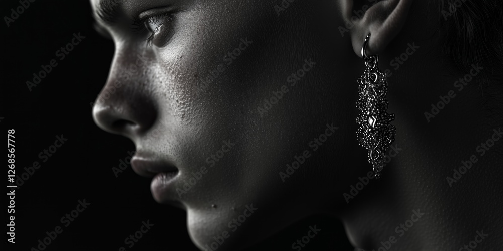 Intricate earring design on profile view of a contemplative person Intricate earring design on profile view of a contemplative person