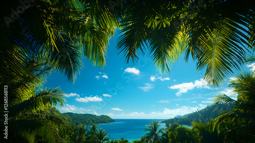 Tropical Beach View Through Lush Palm Trees