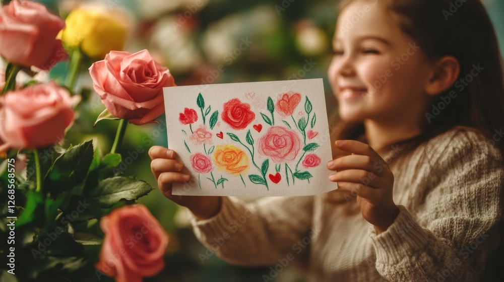 Little girl showing drawing of roses celebrating mother's day Little girl showing drawing of roses celebrating mother's day