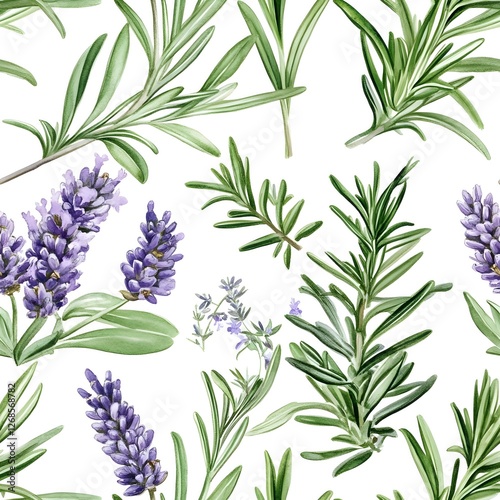 lavender and rosemary seamless pattern. The pattern features sprigs of lavender and rosemary on a white background.  The colors are vibrant and the design is perfect for a variety of uses.
