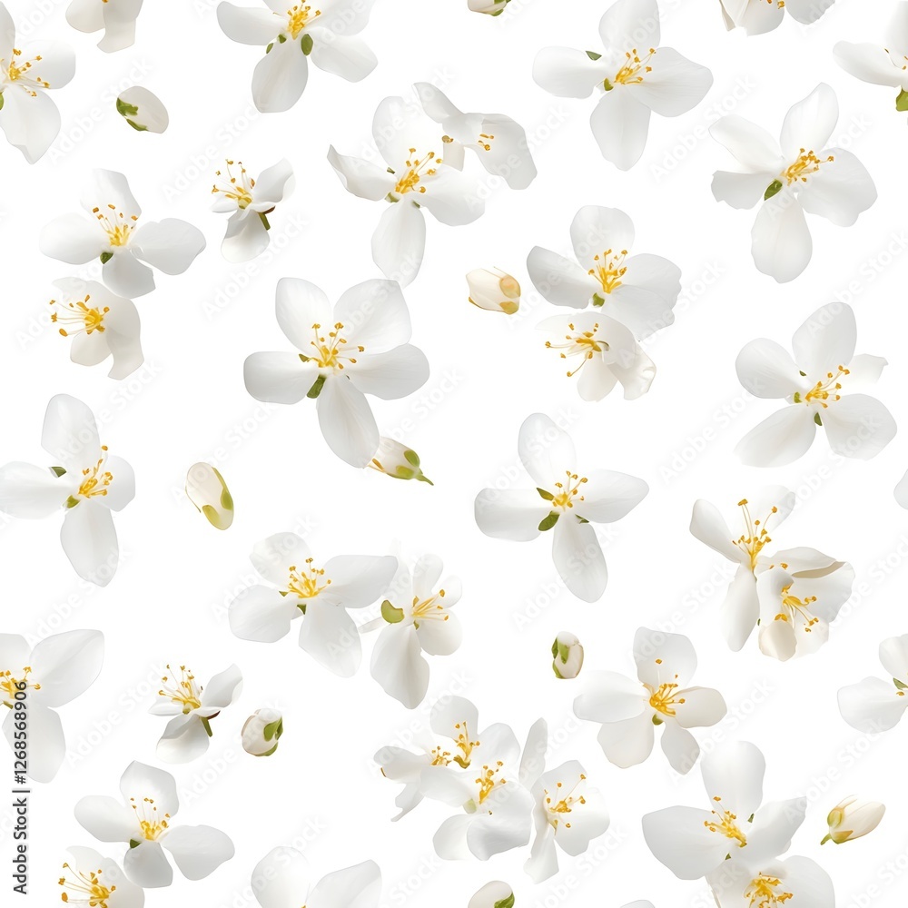a seamless pattern of delicate white flowers, perfect for adding a touch of spring to your designs. The flowers are scattered against a white background, creating a beautiful and elegant floral motif. a seamless pattern of delicate white flowers, perfect for adding a touch of spring to your designs. The flowers are scattered against a white background, creating a beautiful and elegant floral motif.
