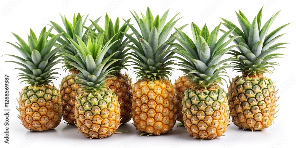Fresh Pineapples in a Row on White Background - A group of fresh pineapples arranged in a row, showcasing their vibrant green tops and golden-yellow fruit on a white background.
Fresh Pineapples in a Row on White Background - A group of fresh pineapples arranged in a row, showcasing their vibrant green tops and golden-yellow fruit on a white background.
