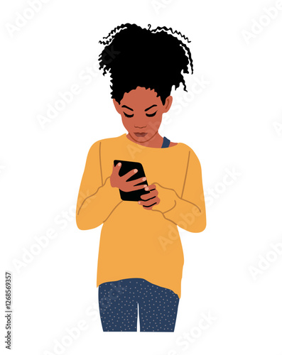 Cute black girl playing video game on smart phone. Phone or internet addiction concept. School student Using Gadget, Remote Education. Vector illustration isolated on transparent background.