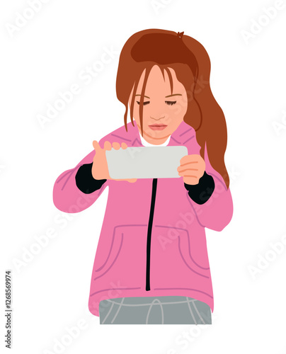 Cute little girl playing video game on smart phone. Phone or internet addiction concept. School student Using Gadget, Remote Education. Vector illustration isolated on transparent background.