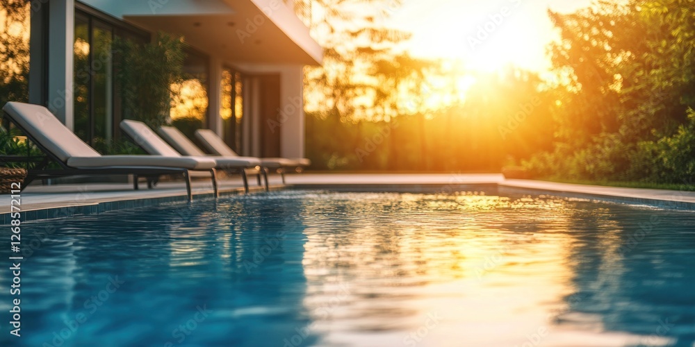 Fototapeta premium Sunset Serenity: Luxurious Poolside Relaxation at Golden Hour