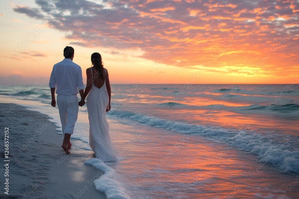 Fototapeta premium Romantic Couple Walking on Sunset Beach Shore