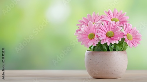 Wallpaper Mural Delicate Pink Daisies in a Speckled Pot on Wooden Table, Serene Floral Arrangement Against a Soft Green Background Torontodigital.ca