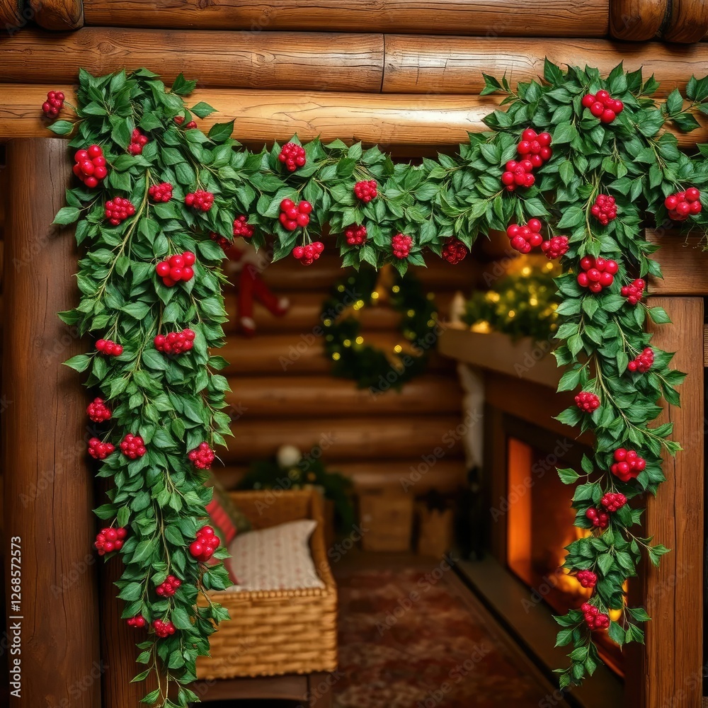 Fototapeta premium festive holly and mistletoe garlands adorn the walls of a cozy cabin, holly, decoration