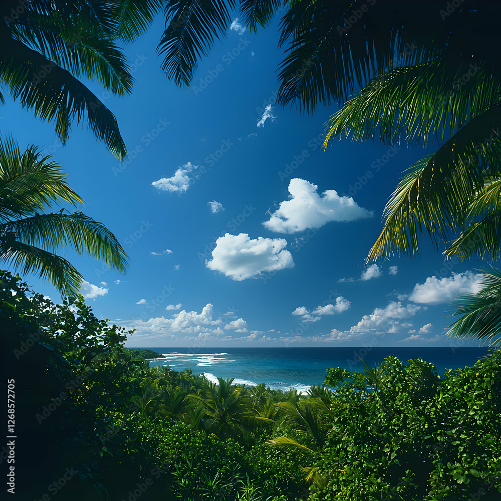 Naklejka premium Tropical Ocean View Through Lush Palm Trees