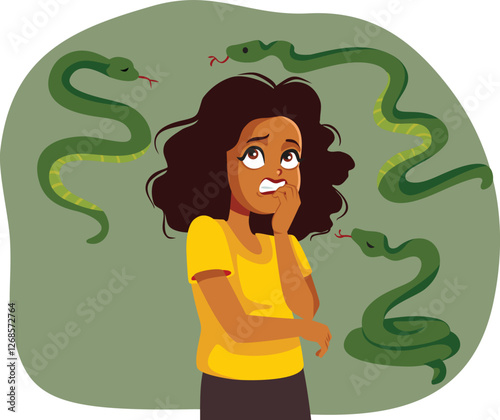 Woman Suffering from Ophidiophobia Vector Concept Illustration. Girl biting nails experiencing extreme fear of snakes 

