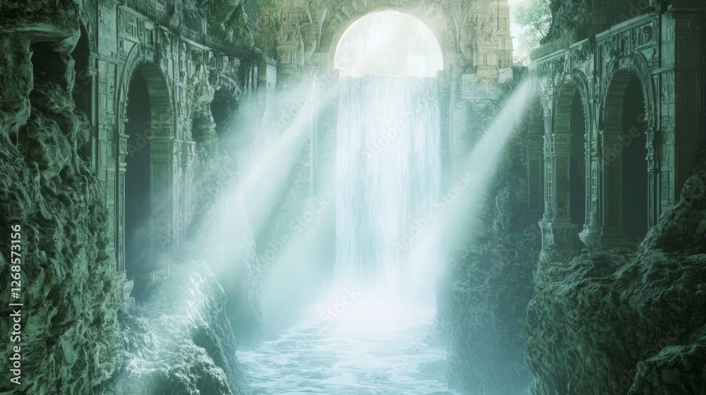 Enchanting Waterfall Cascading Through Ancient Ruins with Light Enchanting Waterfall Cascading Through Ancient Ruins with Light