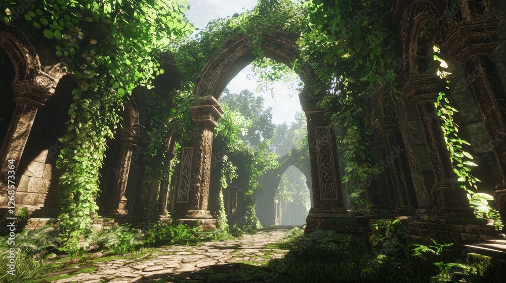 Sprawling Kingdom Ruins with Towering Arches and Lush Greenery Sprawling Kingdom Ruins with Towering Arches and Lush Greenery