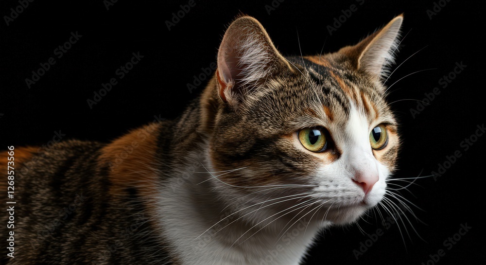 Abstract closeup concept of a Calico Cat with sharply detailed fur and black background Abstract closeup concept of a Calico Cat with sharply detailed fur and black background