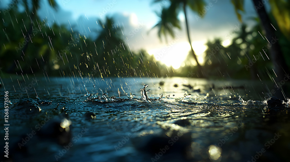 Fototapeta premium Tropical Rain at Sunset: Palm Trees and Water Drops