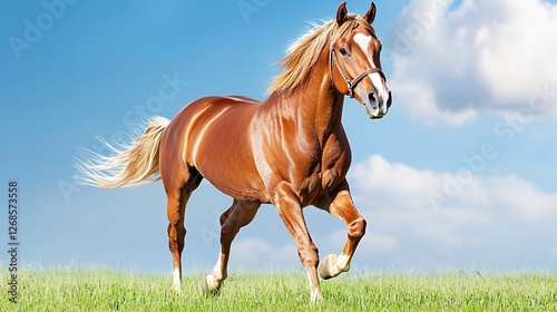 A majestic chestnut horse with a flowing mane and tail gallops across a lush green field under a bright blue sky, embodying freedom and untamed energy