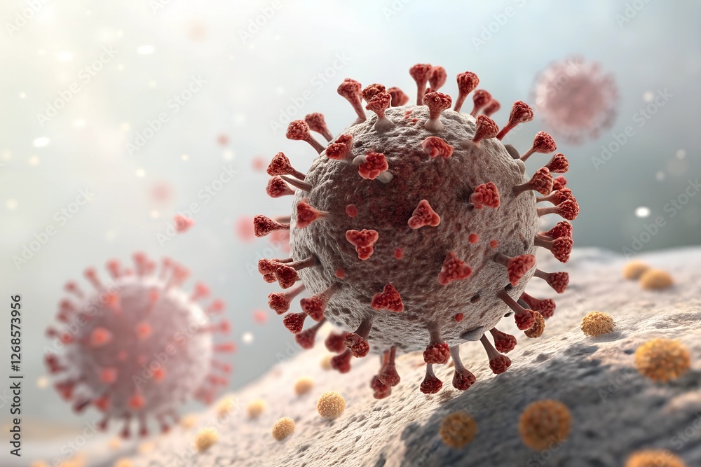 A detailed view of a virus particle interacting with a host cell, illustrating the viral infection process. A detailed view of a virus particle interacting with a host cell, illustrating the viral infection process.