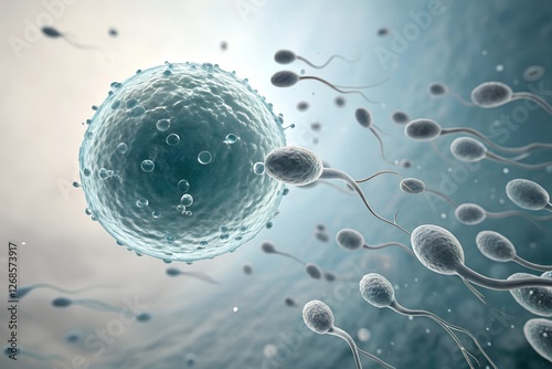  A close-up view of a human egg cell surrounded by sperm cells, illustrating fertilization.