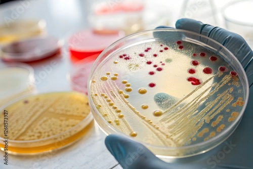 A close-up view of a petri dish containing bacterial colonies, growing and spreading on agar.