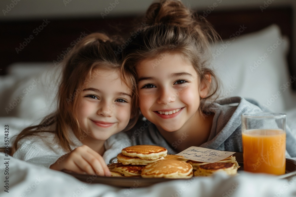 Two smiling sisters enjoying breakfast in bed with pancakes and orange juice Two smiling sisters enjoying breakfast in bed with pancakes and orange juice
