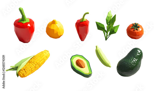 Wallpaper Mural Low Poly Food Collection: A collection of low-poly renderings of popular and vibrant fruits and vegetables, including red bell pepper, lemon, corn, avocado, tomato, and peas. Ideal for branding. Torontodigital.ca