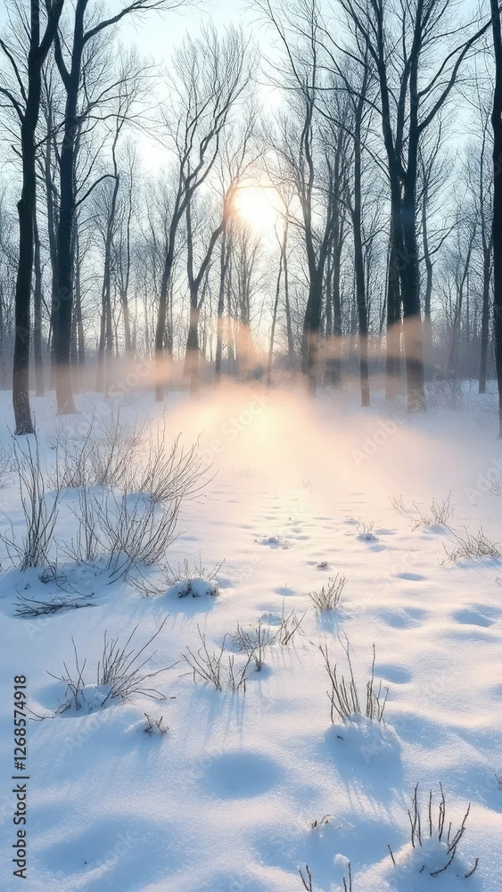 Frosty morning mist rises from a snow-covered forest floor with bare trees in the background, snow covered, tranquility, serene Frosty morning mist rises from a snow-covered forest floor with bare trees in the background, snow covered, tranquility, serene