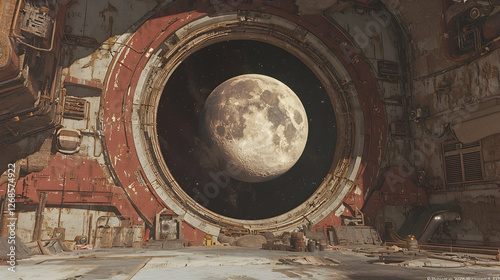 Fototapeta Naklejka Na Ścianę i Meble -  Moon viewed through rusty space station portal