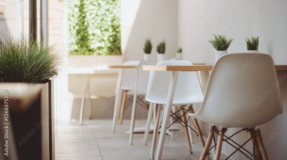 Minimalist cafe with work-friendly seating, clean white and brown aesthetics, and natural greenery. Tranquil and modern. No people. - Minimalist cafe with work-friendly seating, clean white and brown aesthetics, and natural greenery. Tranquil and modern. No people. -
