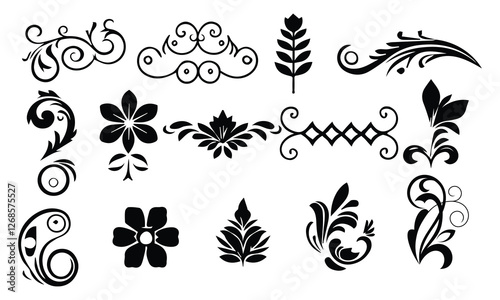 Floral Ornament Vector Set | Decorative Vintage Elements and Swirls in Black Silhouette Style