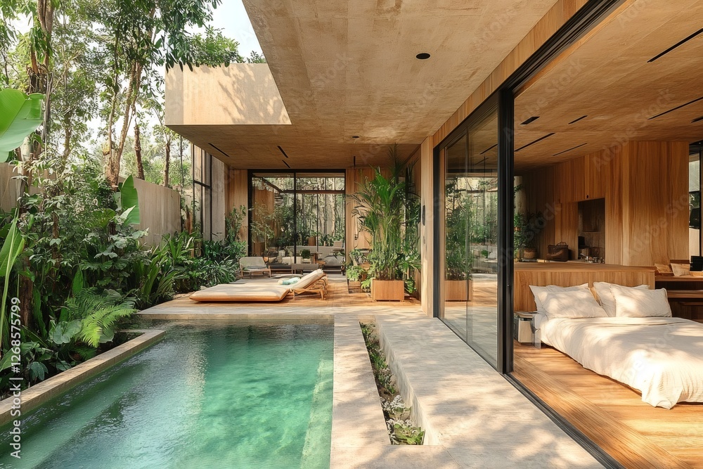 Fototapeta premium Luxurious villa in the jungle with swimming pool and large windows overlooking the tropical forest
