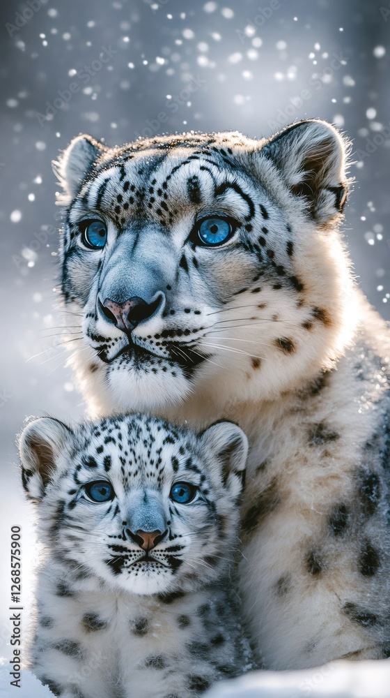 Fototapeta premium Snow leopard and cub looking forward during snowfall