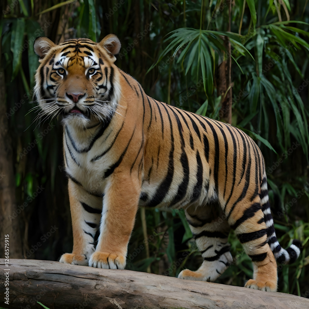 An Asian tiger stands proudly in front of the forest An Asian tiger stands proudly in front of the forest