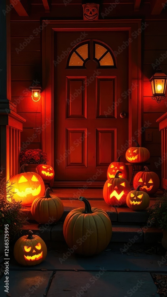 Obraz premium Glowing pumpkins on a porch with a creaky door and a creepy ambiance, Halloween, porch, creaky door