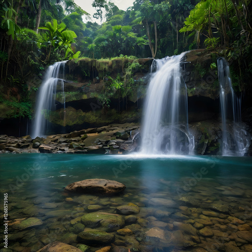 Waterfall Cascading into Blue Pool Surrounded by Lush Greenery