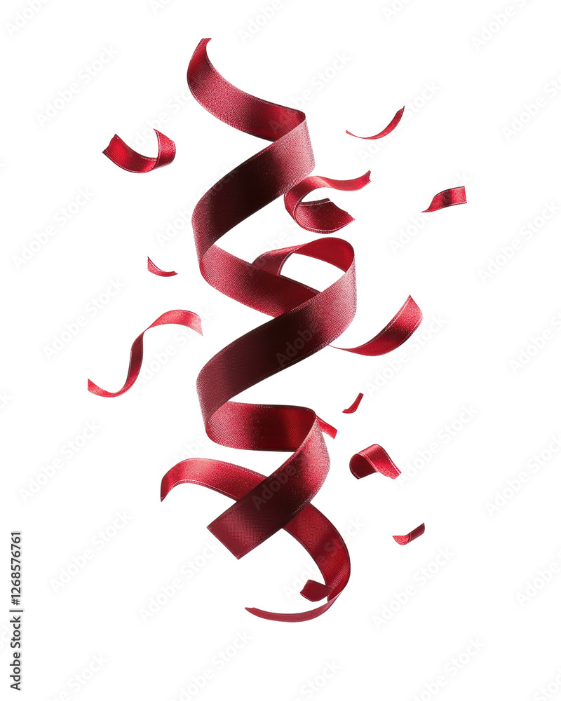 Festive red ribbon with confetti, white background Festive red ribbon with confetti, white background
