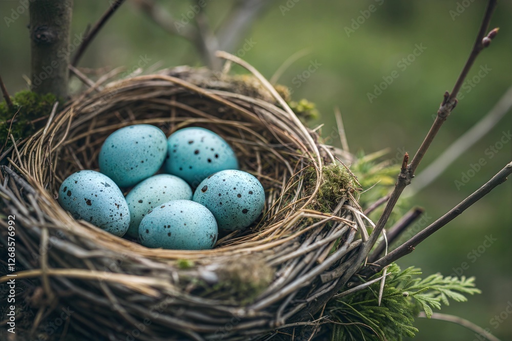 Nest with Blue Easter Eggs on Green Background Nest with Blue Easter Eggs on Green Background