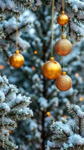 golden ornaments suspended in air amidst snowy fir foliage, scene, Christmas