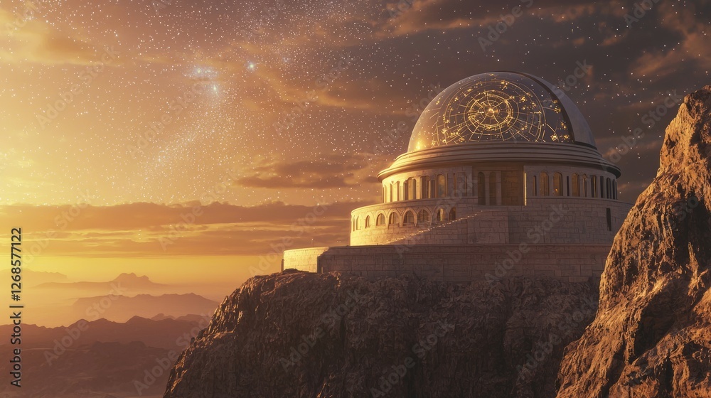 Obraz premium Dramatic Cliffside Observatory Surrounded by Starry Skies at Sunset