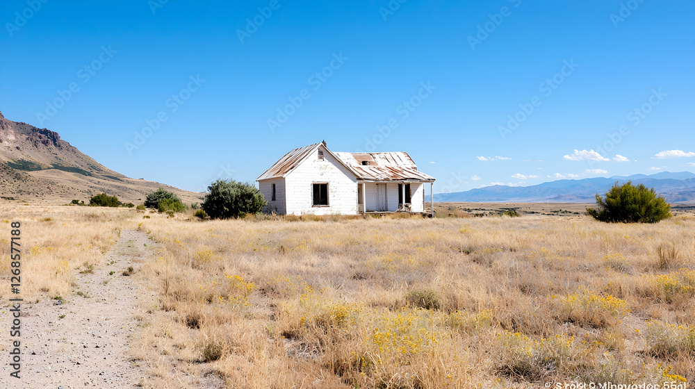Abandoned farmhouse, desert landscape, summer day, rural setting; real estate, travel Abandoned farmhouse, desert landscape, summer day, rural setting; real estate, travel