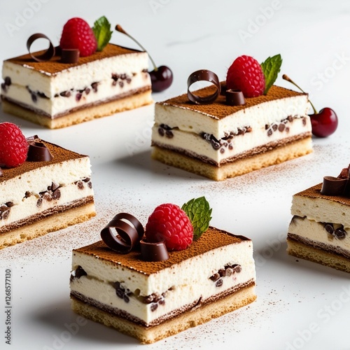 A row of four delicious tiramisu dessert slices isolated on a white background. Each piece is layered with creamy mascarpone, coffee-soaked sponge cake, and dusted with cocoa powder. The slices are un