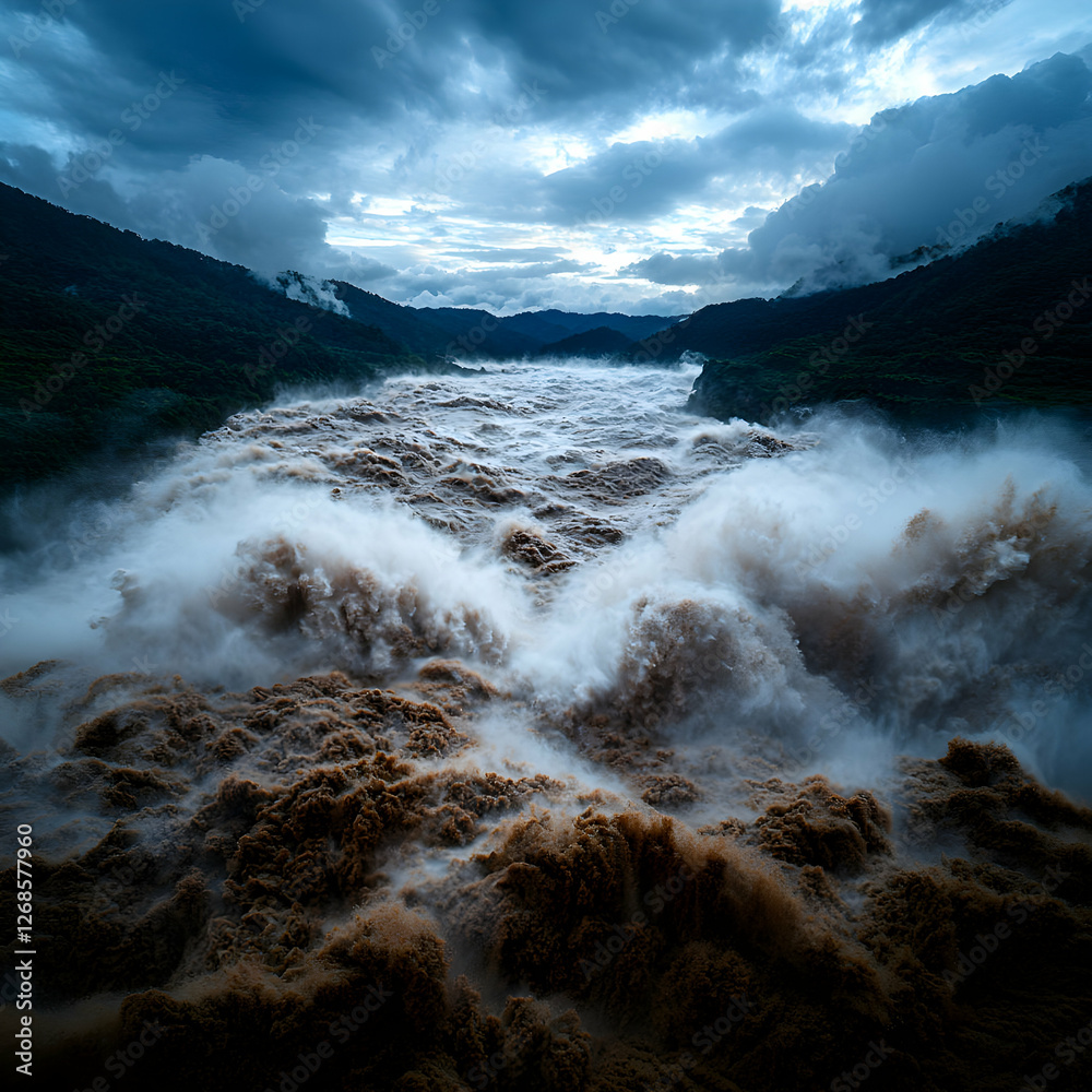 Turbulent River Surges Through Mountain Valley Under Dramatic Sky Turbulent River Surges Through Mountain Valley Under Dramatic Sky